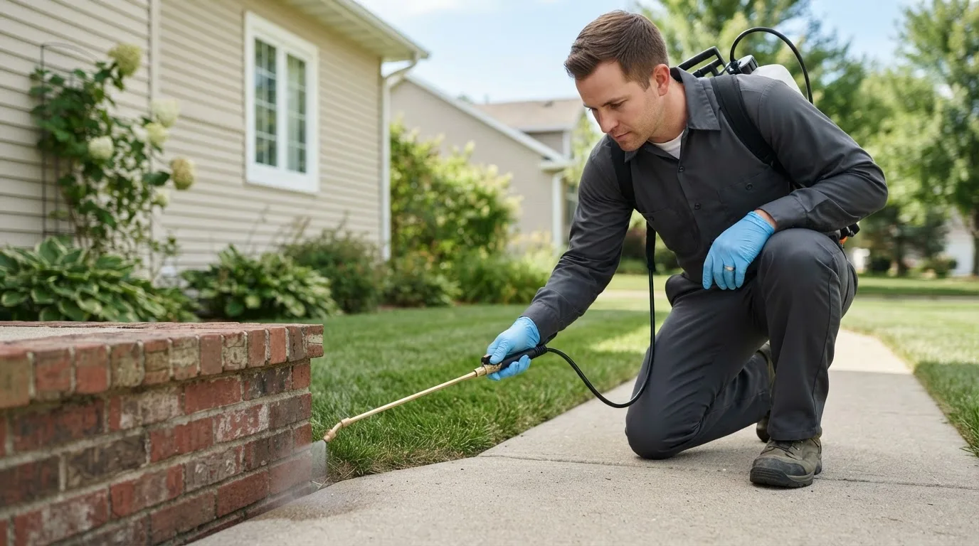 Pest control technician treating a home near Iron, MN